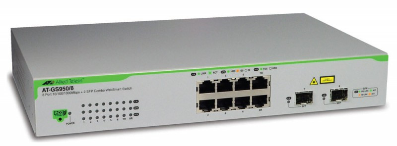 

Коммутатор Allied Telesis GS950/8, управляемый, кол-во портов: 8x1 Гбит/с, кол-во SFP/uplink: 2x1 Гбит/с, установка в стойку (AT-GS950/8-50), GS950/8