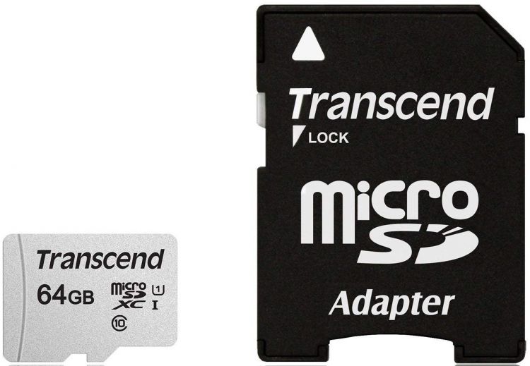 

Карта памяти 64Gb microSDXC Transcend Class 10 UHS-I U1 + адаптер, TS64GUSD300S-A