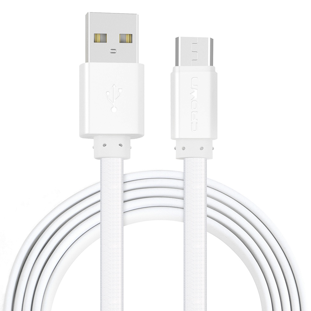 Кабель USB2.0-microUSB , Crown, 1m, белый, плоский, в оплетке ПВХ, коннекторы ПВХ, 2A (CMCU-1022M)