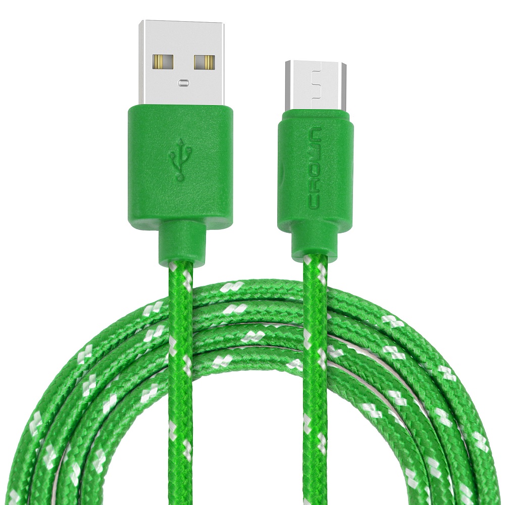 Кабель USB2.0-microUSB , Crown, 1m, зеленый, круглый, в тканевой оплетке, коннекторы ПВХ, 2A (CMCU-3042M)