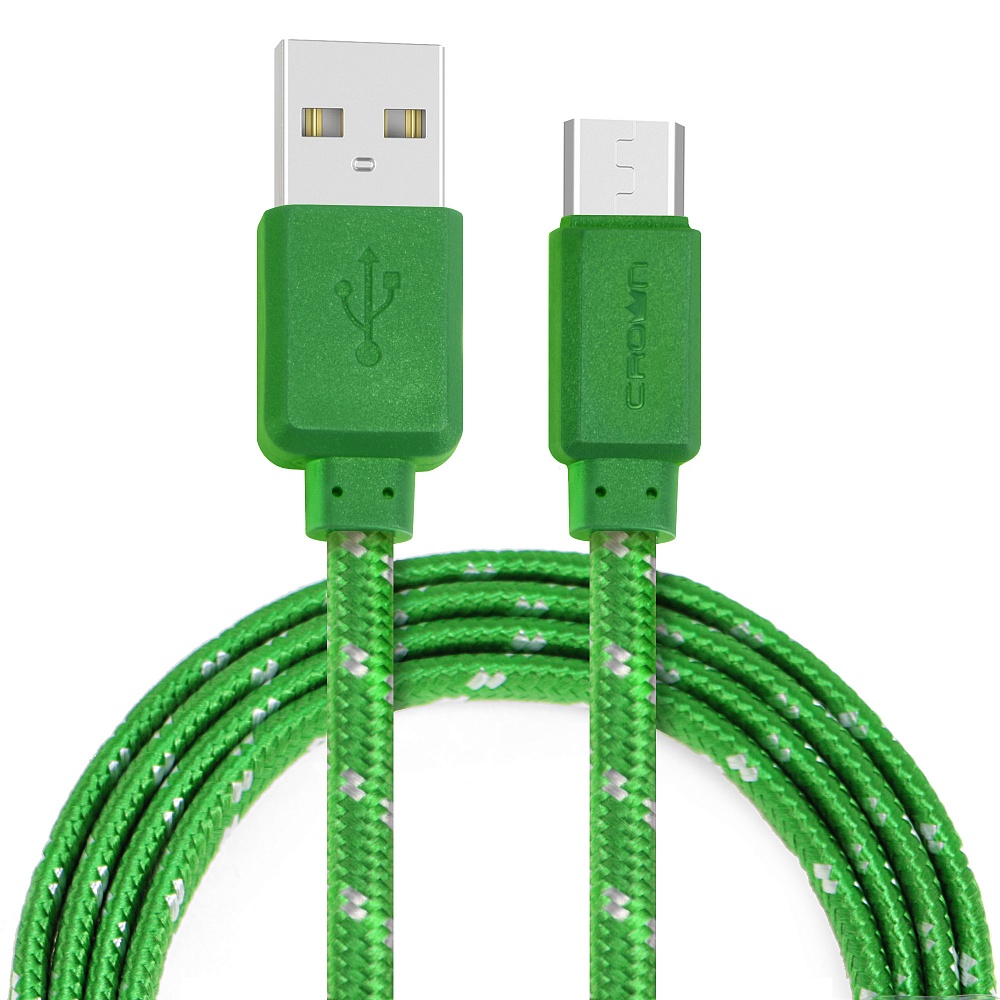 Кабель USB2.0-microUSB , Crown, 1m, зеленый, плоский, в тканевой оплетке, коннекторы ПВХ, 2А (CMCU-3052M)
