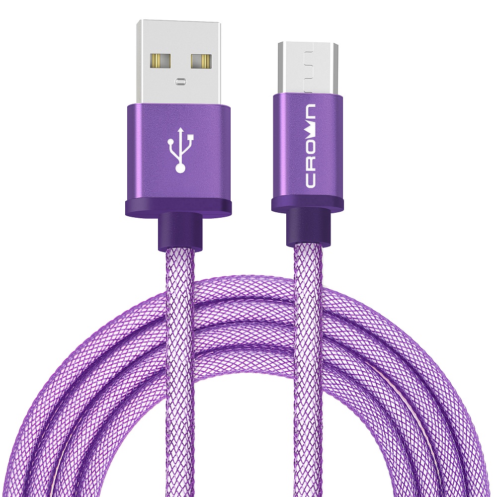 Кабель USB2.0-microUSB , Crown, 1m, фиолетовый, круглый, в нейлоновой оплетке, коннекторы метал, 2А (CMCU-3072M)