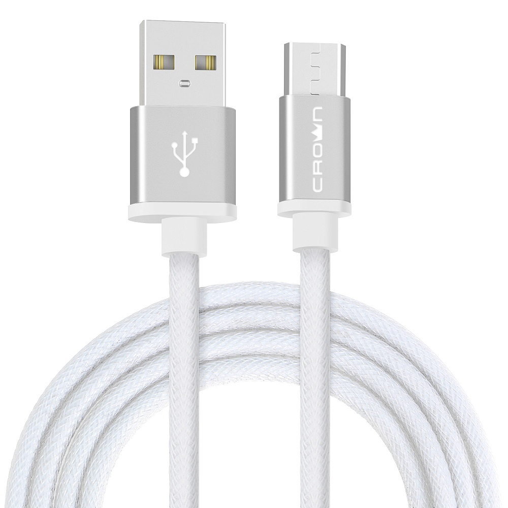 Кабель USB2.0-microUSB , Crown, 1m, белый, круглый, в нейлоновой оплетке, коннекторы метал, 2А (CMCU-3072M)