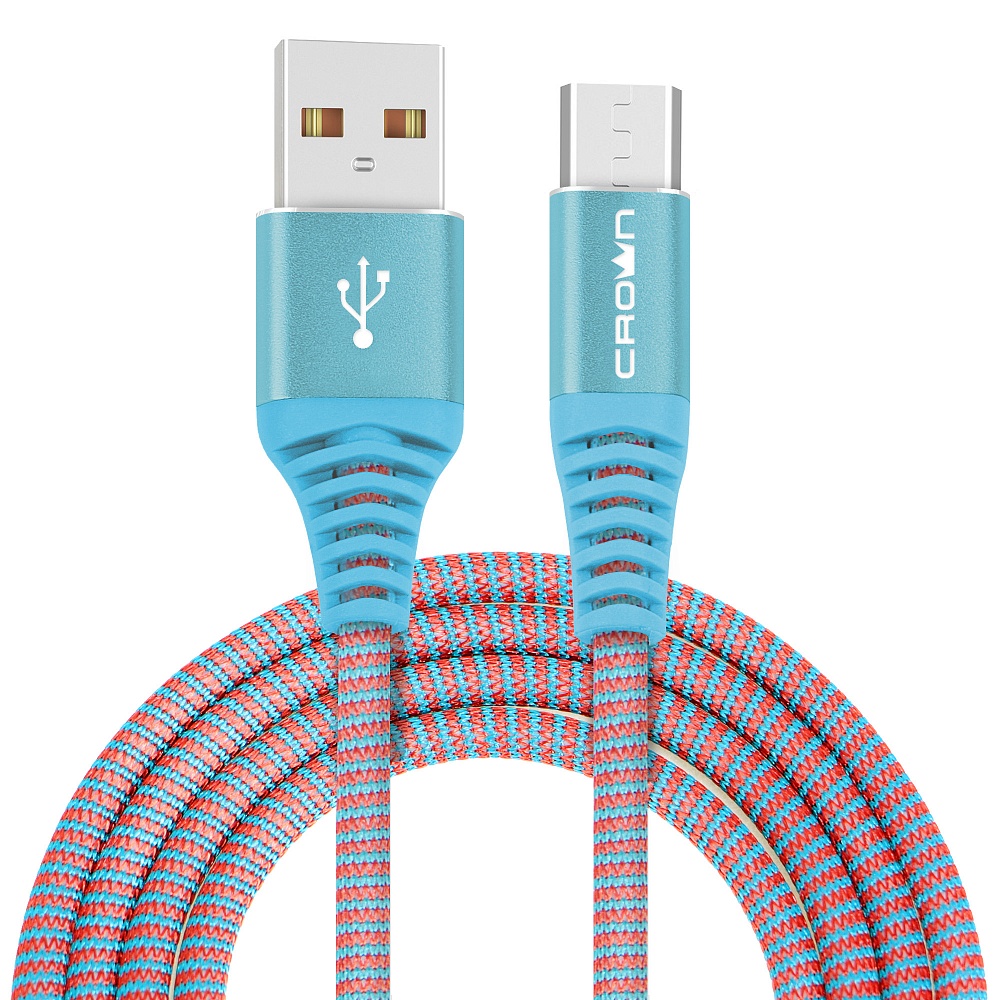 Кабель USB2.0-microUSB , Crown, 1m, синий, круглый, в тканевой оплетке, коннекторы метал, 2А (CMCU-3102M)