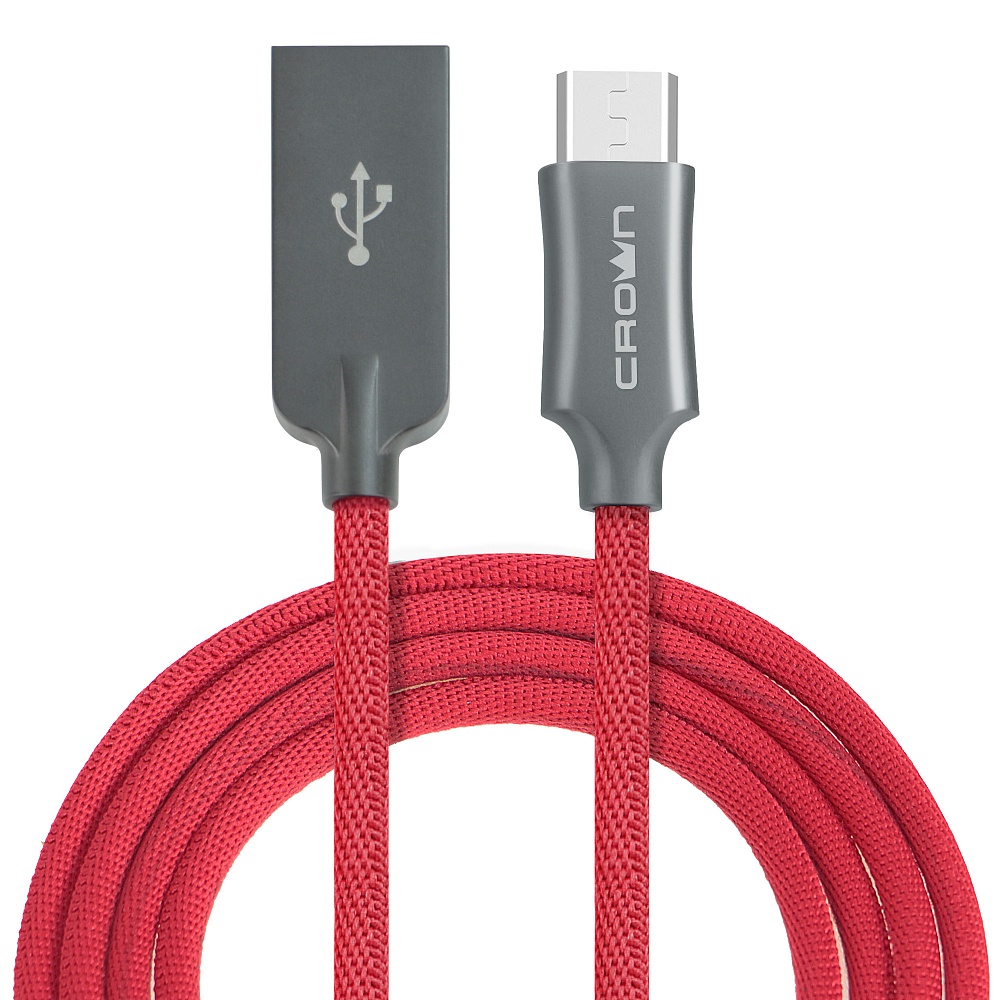 Кабель USB2.0-microUSB , Crown, 1m, красный, круглый, в тканевой оплетке, коннекторы алюминий, 2А (CMCU-3132M)