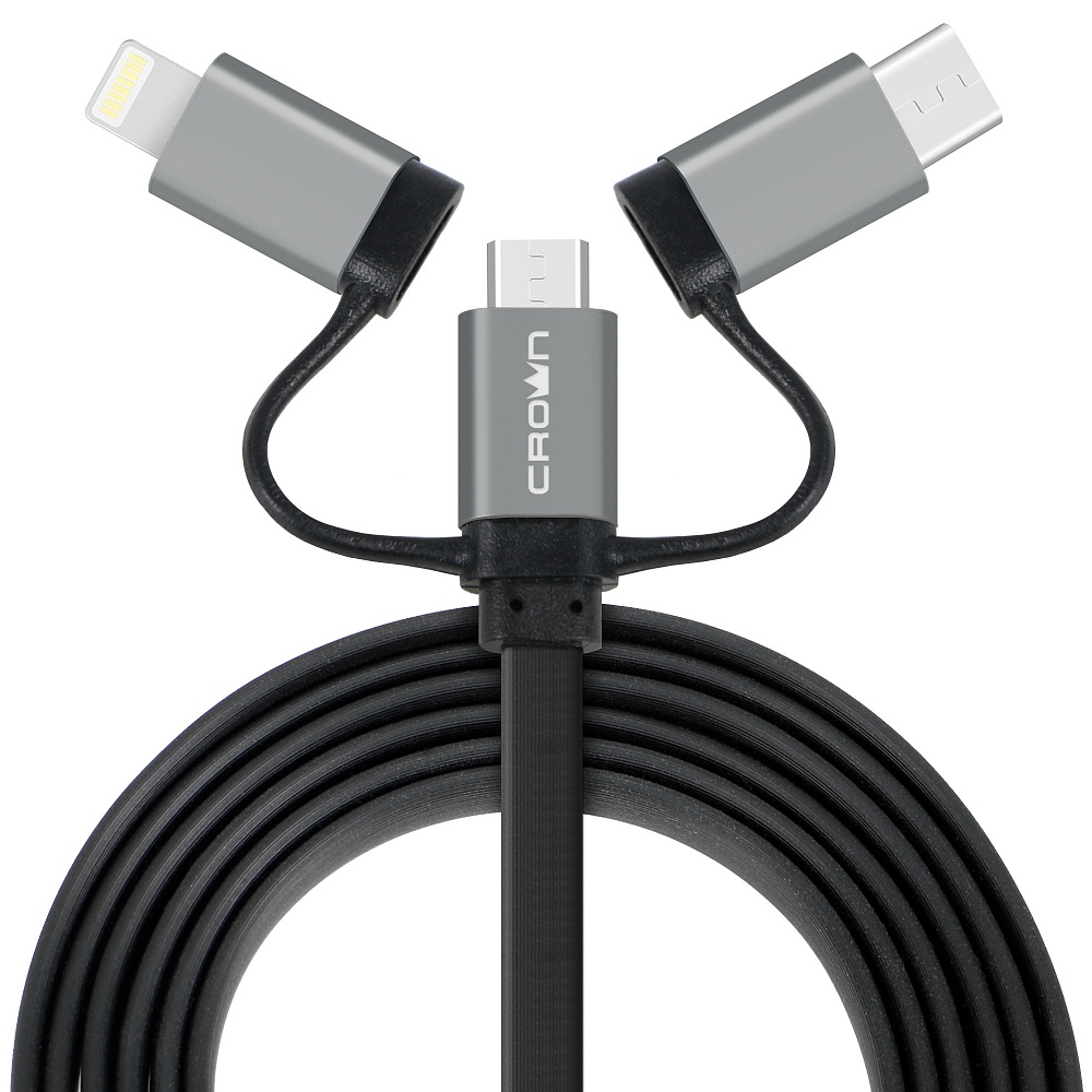 

Кабель USB2.0-microUSB/USB Type-C/Lightning, Crown, плоский, в оплетке ПВХ, коннекторы метал, 2А, 1м, черный (CMCU-3182)