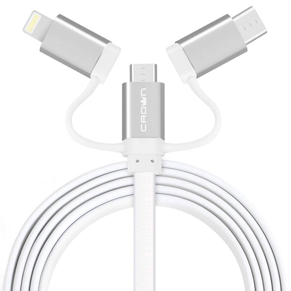 

Кабель USB2.0-microUSB/USB Type-C/Lightning, Crown, плоский, в оплетке ПВХ, коннекторы метал, 2А, 1м, белый (CMCU-3182)