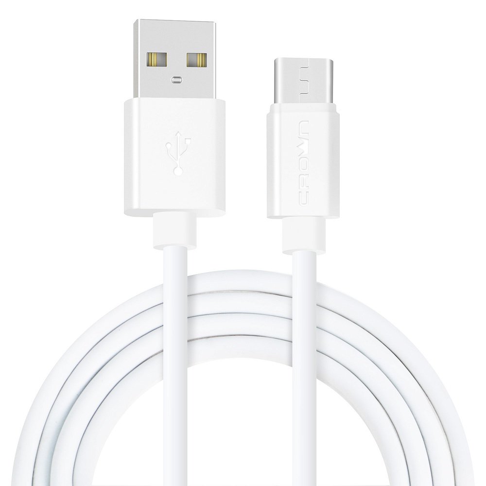 Кабель USB2.0-USB Type-C, Crown, в оплетке ПВХ, коннекторы ПВХ, 2A, 1м, белый (CMCU-1012C)