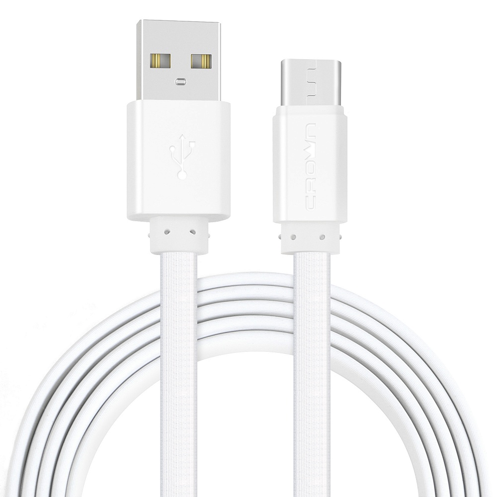 Кабель USB2.0-USB Type-C, Crown, плоский, в оплетке ПВХ, коннекторы ПВХ, 2A, 1м, белый (CMCU-1022C)