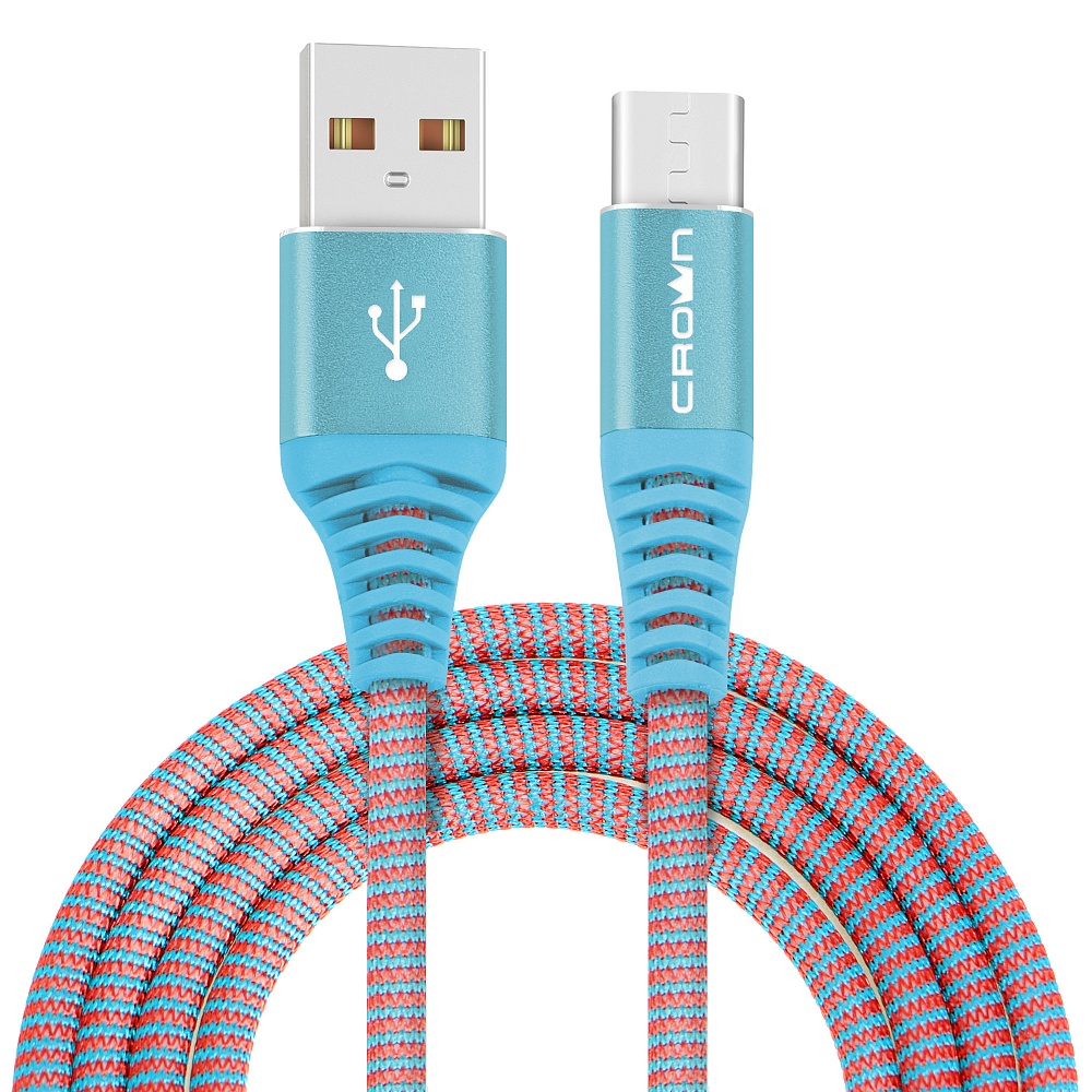 Кабель USB2.0-USB Type-C, Crown, круглый, в тканевой оплетке, коннекторы метал, 2А, 1м, синий (CMCU-3102C)