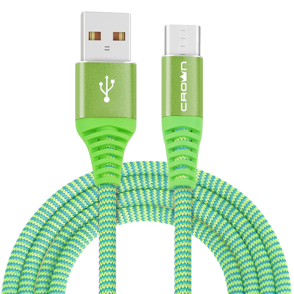 Кабель USB2.0-USB Type-C, Crown, круглый, в тканевой оплетке, коннекторы метал, 2А, 1м, зеленый (CMCU-3102C)