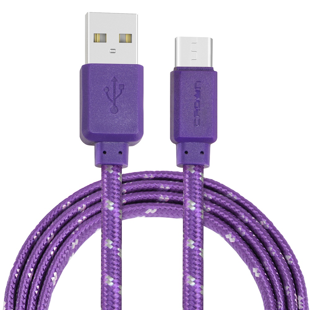 Кабель USB2.0-USB Type-C, Crown, плоский, в тканевой оплетке, коннекторы ПВХ, 2А, 1м, фиолетовый (CMCU-3052C)