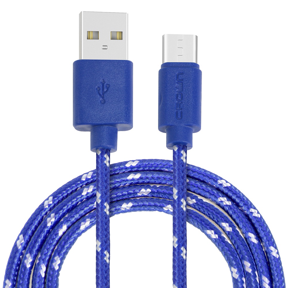 Кабель USB2.0-USB Type-C, Crown, круглый, в тканевой оплетке, коннекторы ПВХ, 2A, 1м, синий (CMCU-3042C)