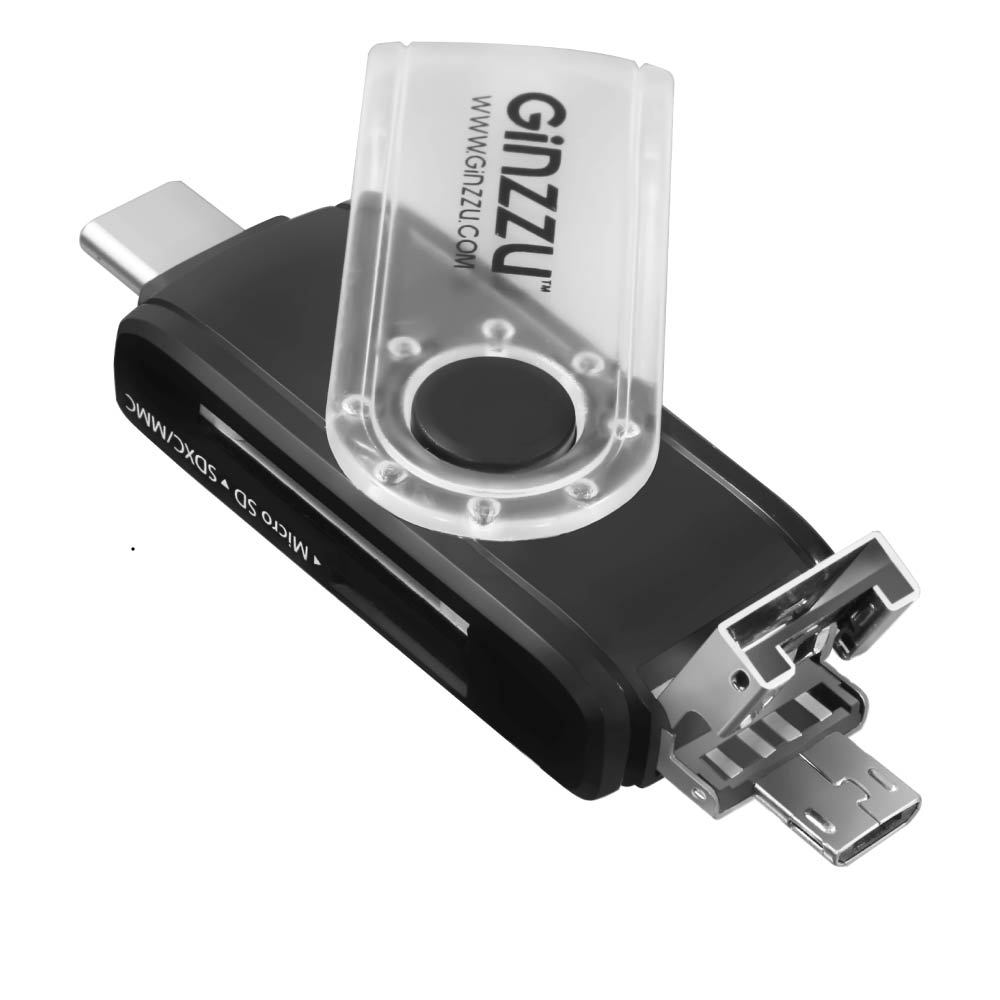

Картридер внешний Ginzzu GR-325B, мультиформатный, USB 2.0 + OTG microUSB, черный, GR-325B