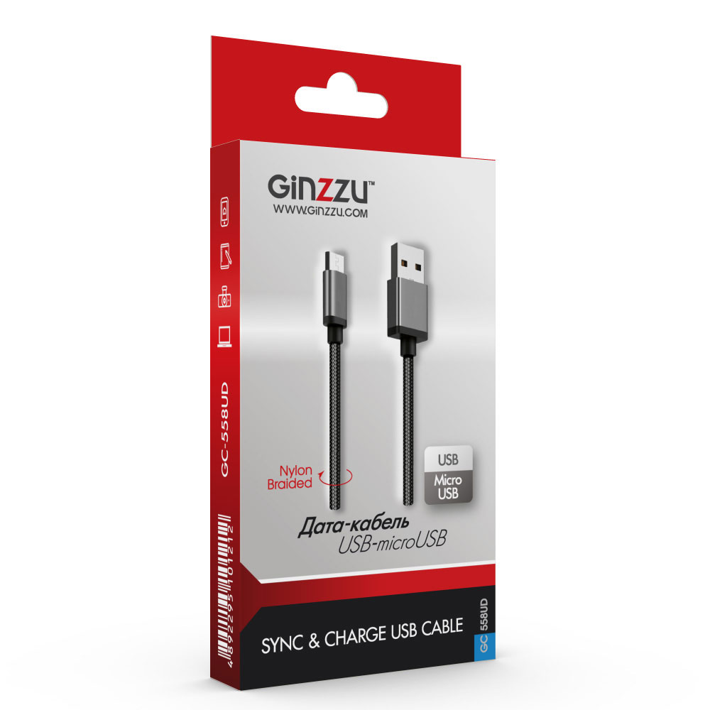 Кабель USB-microUSB , Ginzzu, 1m, черный, нейлоновая оплетка, алюминиевые разъемы (GC-558UD)