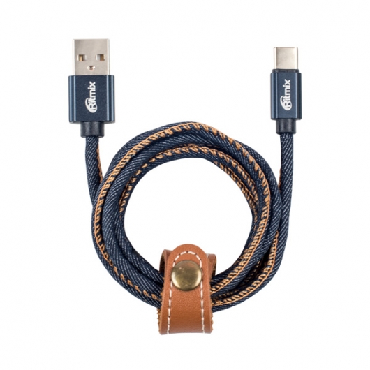 

Кабель USB-USB Type-C, Ritmix, оплетка из джинсовой ткани, 1м, синий (RCC-437)