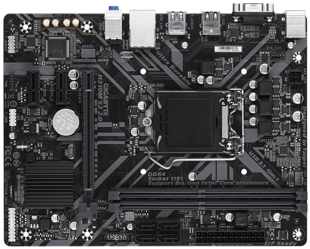 Материнская плата GIGABYTE H310M S2 2.0, Socket1151v2, Intel H310, 2xDDR4, PCI-Ex16, 4SATA3, 7.1-ch, GLAN, 4USB 3.1, VGA, mATX, Retail - фото 1