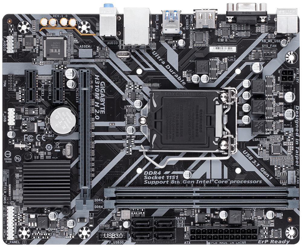

Материнская плата GIGABYTE H310M H 2.0, Socket1151v2, Intel H310, 2xDDR4, PCI-Ex16, 4SATA3, 7.1-ch, GLAN, 4USB 3.1, VGA, HDMI, mATX, Retail, H310M H 2.0