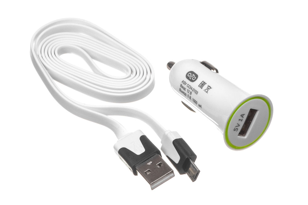 Автомобильное зарядное устройство Olto CCH-2103, USB, 1А, кабель microUSB, белый