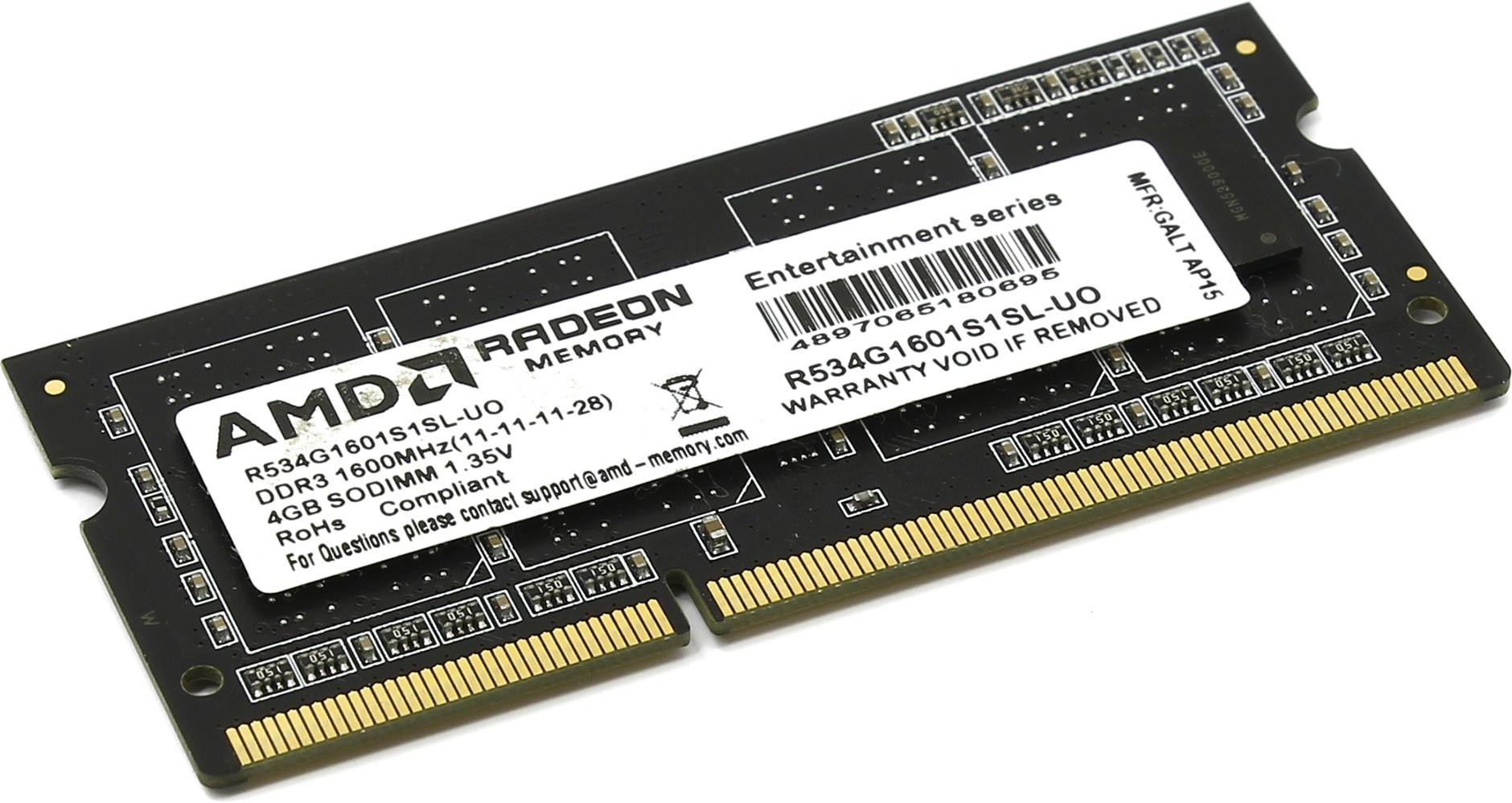 

Память DDR3L SODIMM 4Gb, 1600MHz, CL11, 1.35 В, AMD (R534G1601S1SL-UO), R534G1601S1SL-UO