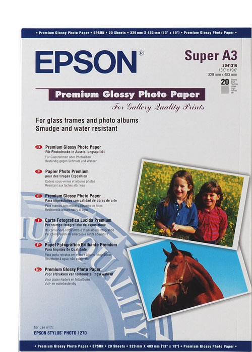 

Фотобумага A3+ 255г/м2 глянцевая, 20 листов, односторонняя, Epson S041316/C13S041316 для струйной печати, Белый, S041316