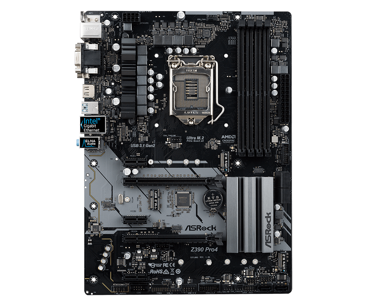 

Материнская плата ASRock Z390 Pro4, Socket1151v2, Z390, 4xDDR4, 2PCI-Ex16, 6SATA3, 7.1-ch, GLAN, 7USB 3.1, USB Type-C, VGA, DVI, HDMI, ATX, Retail, Z390 Pro4