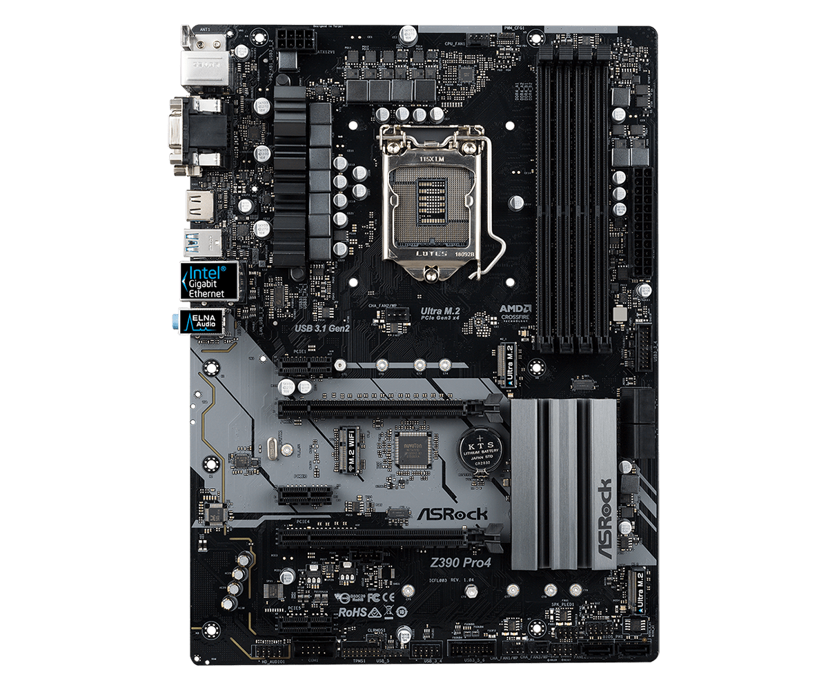 Материнская плата ASRock Z390 Pro4, Socket1151v2, Z390, 4xDDR4, 2PCI-Ex16, 6SATA3, 7.1-ch, GLAN, 7USB 3.1, USB Type-C, VGA, DVI, HDMI, ATX, Retail - фото 1