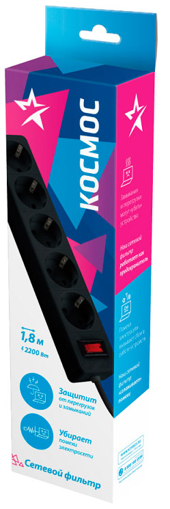 

Сетевой фильтр КОСМОС FKsm1.8m-5g, 5-розеток, 1.8 м, черный (FKsm1.8m-5g(B)), FKsm1.8m-5g